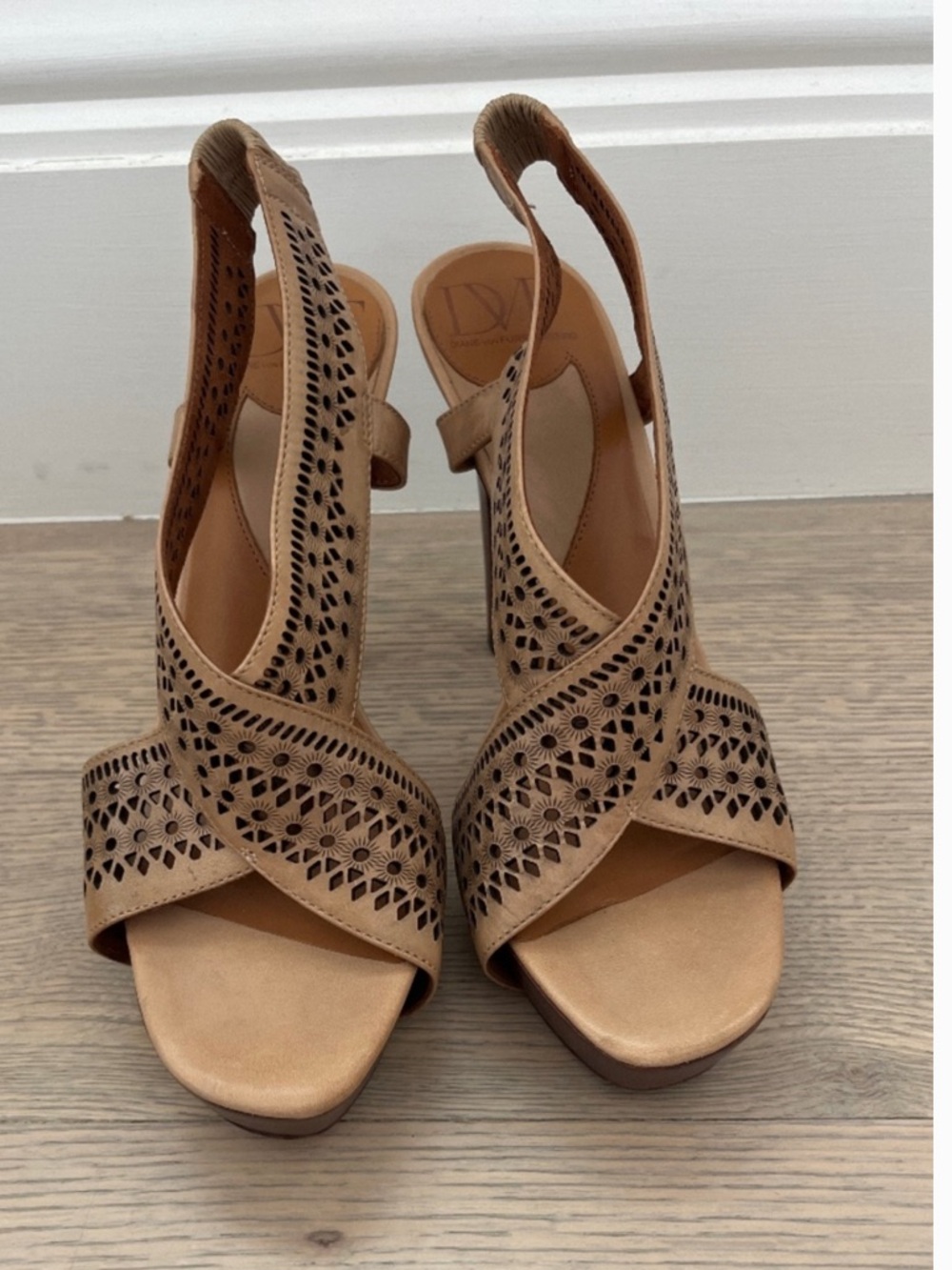 Diane Von Furstenberg Tan Laser-Cut Slingback Heels